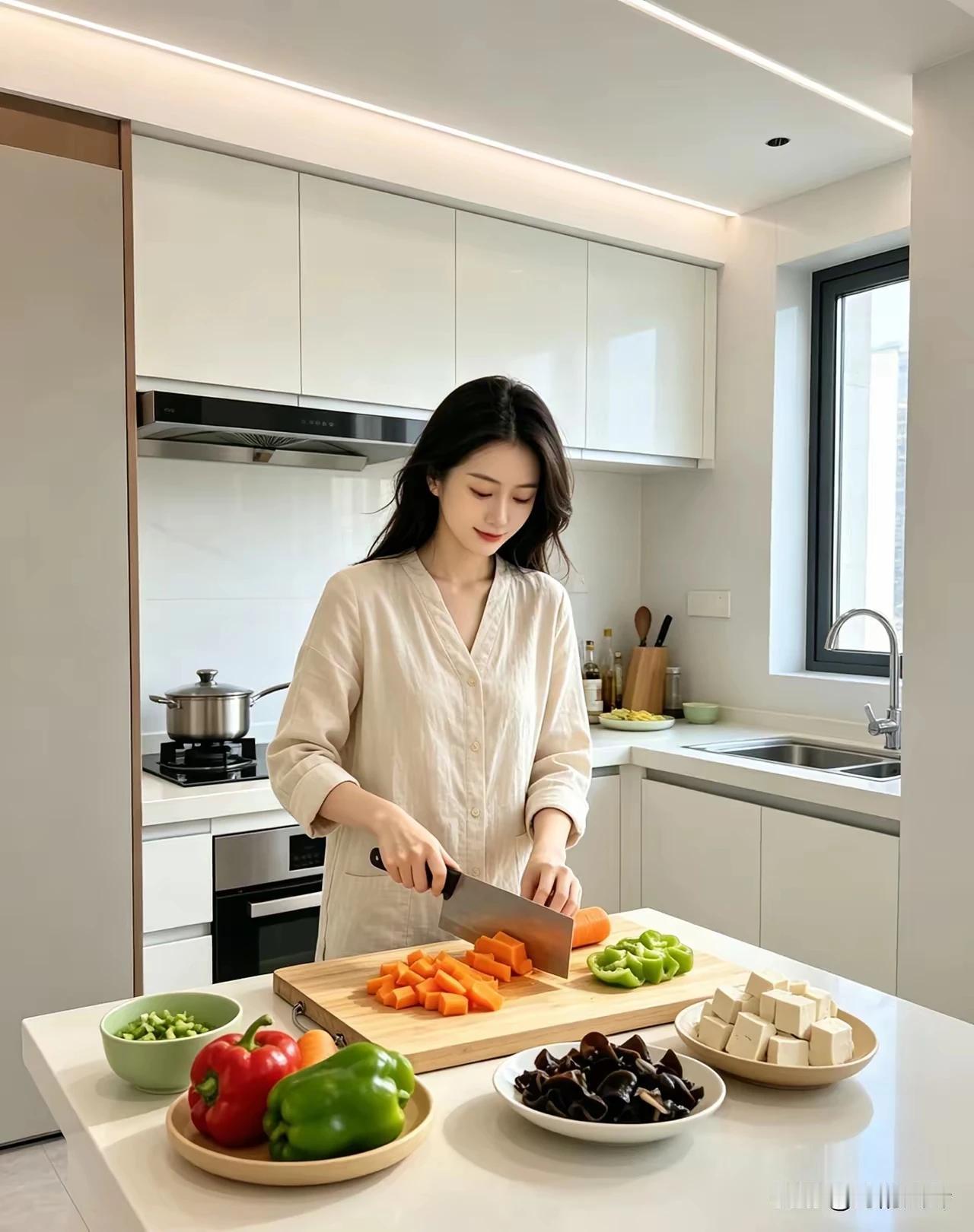 美女平时爱梳妆，
今日下厨露锋芒。
色香味形皆出彩，
家庭主妇响当当。