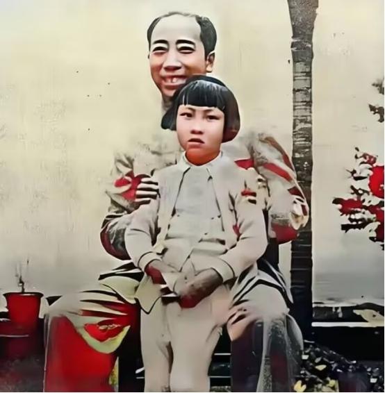 1945年，戴笠和养女淑子的合影。淑子这年8岁，站在戴笠的前面，表情有些呆滞。戴