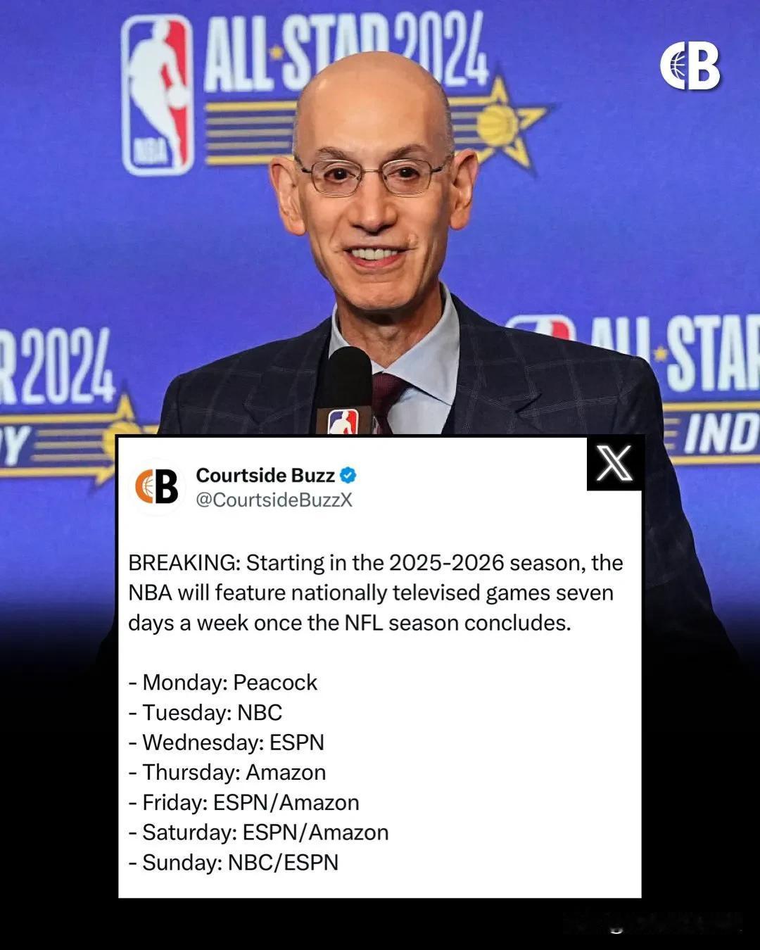 从 2025-2026 赛季开始，一旦 NFL 赛季结束，NBA 将会每周七天在