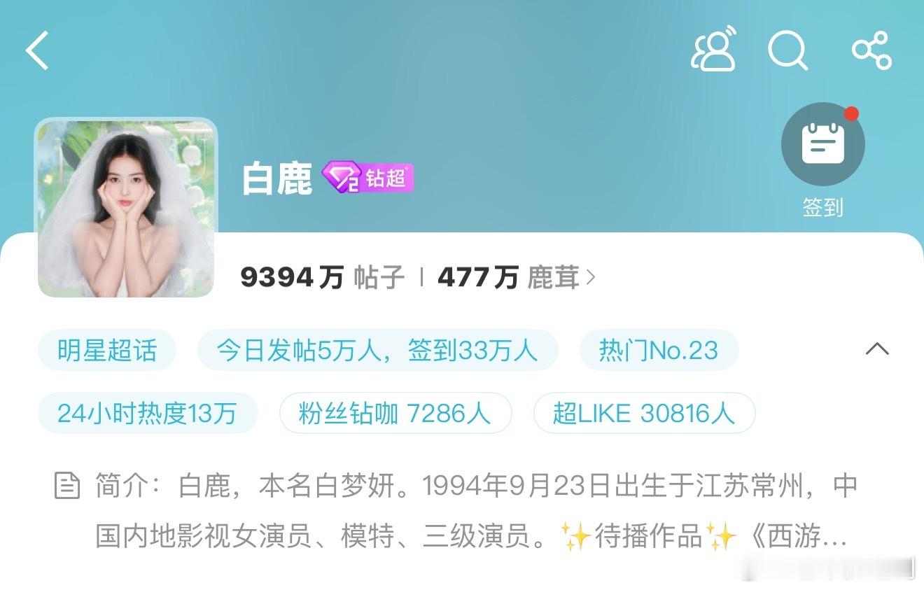 白鹿超Like破新高，鞠婧祎签到创新高，女明星也在追赶男流量了，都很争气 ​​​