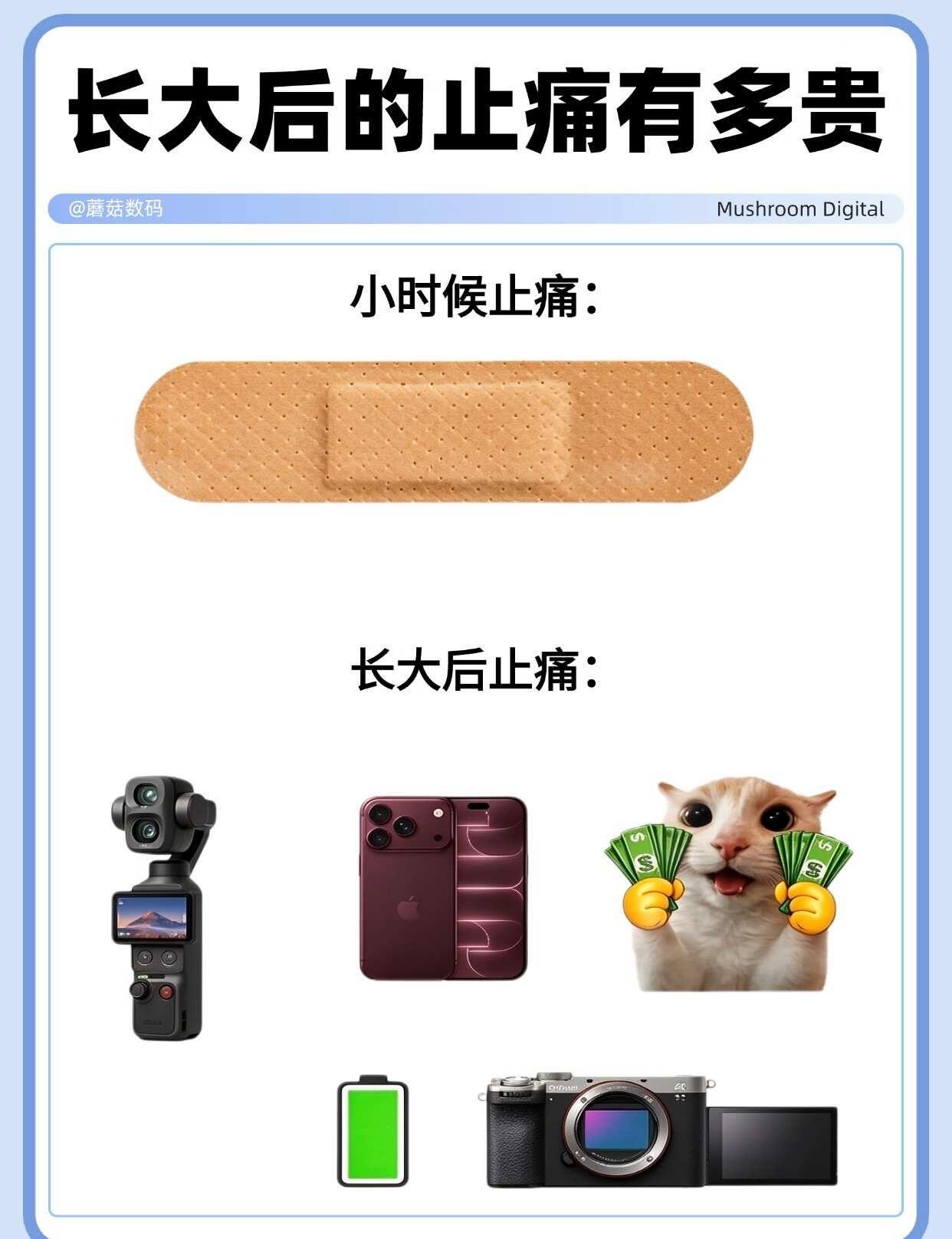 玩数码的尽头，竟然是钱包空空！
小时候受伤，一张创可贴就能解决。
	
长大后才发