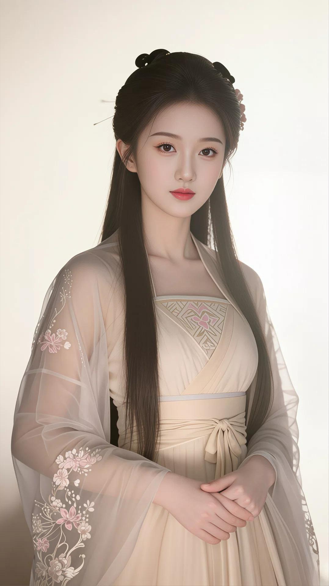 古风诗意版
一袭素衣染清霜，半缕青丝绾时光。
眉目含情，衣袂生风，恰似人间惊鸿客