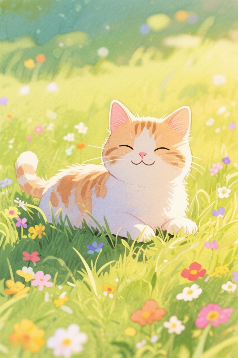 AI随心绘在这五彩繁花间，那只笑猫如获珍宝，似悟生活真谛，满心皆是欢喜😸