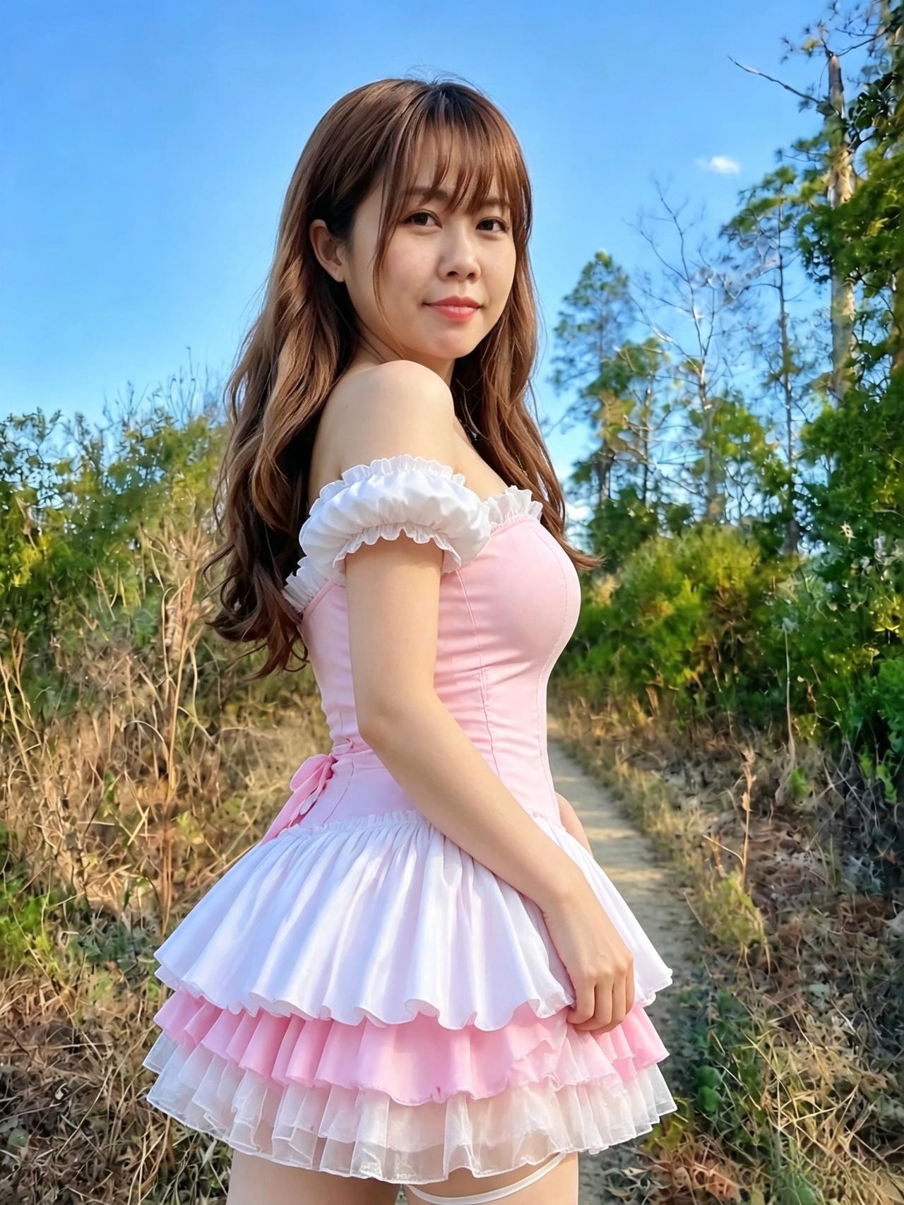 露染郊原晓色长，粉裙轻袂映晨光。
回眸脉脉温柔意，尽是心头一寸香。