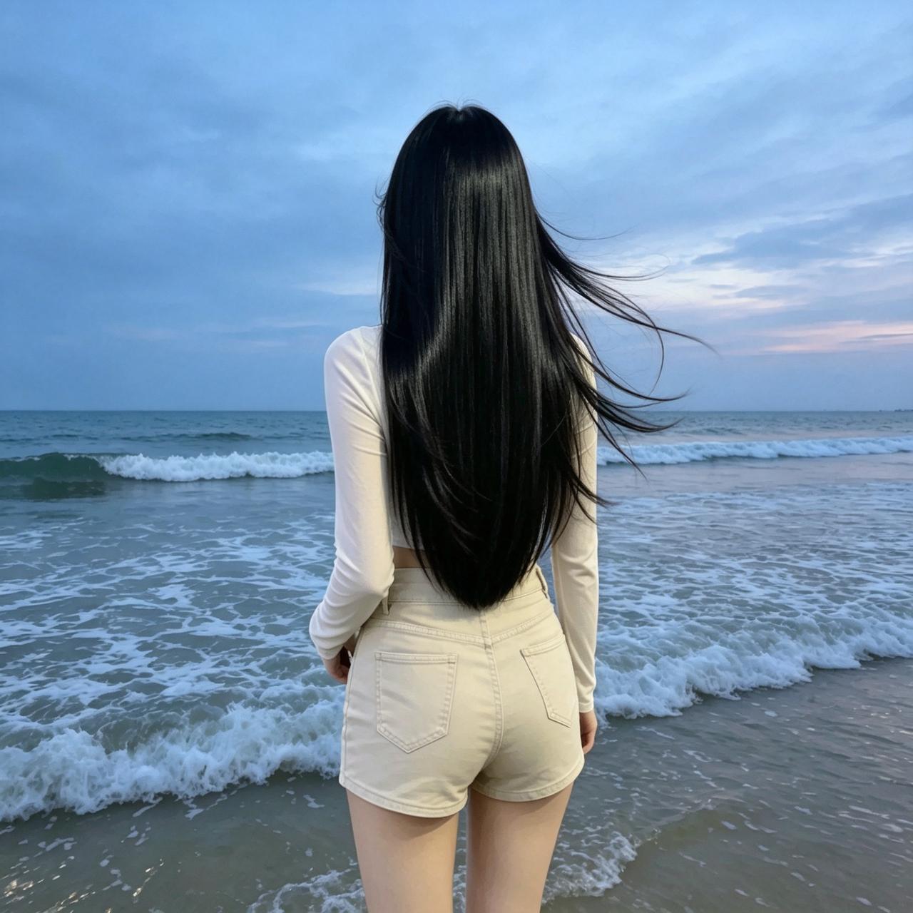 长发女孩站在海边看浪花的画面，真的戳中好多人对夏天的想象。
粉衣白裙被海风掀出细