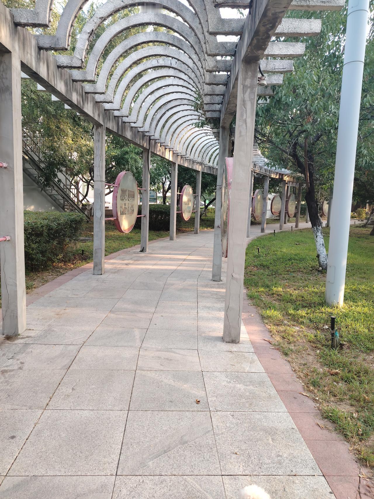 公园廊桥绿草如茵，小路直通连心桥。
