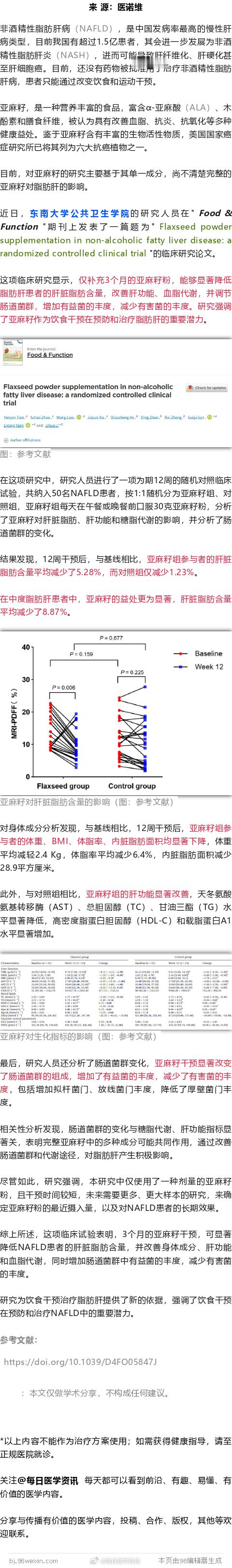 东南大学临床研究证实，仅3个月，亚麻籽可显著减少肝脏脂肪，改善脂肪肝近日，东南大