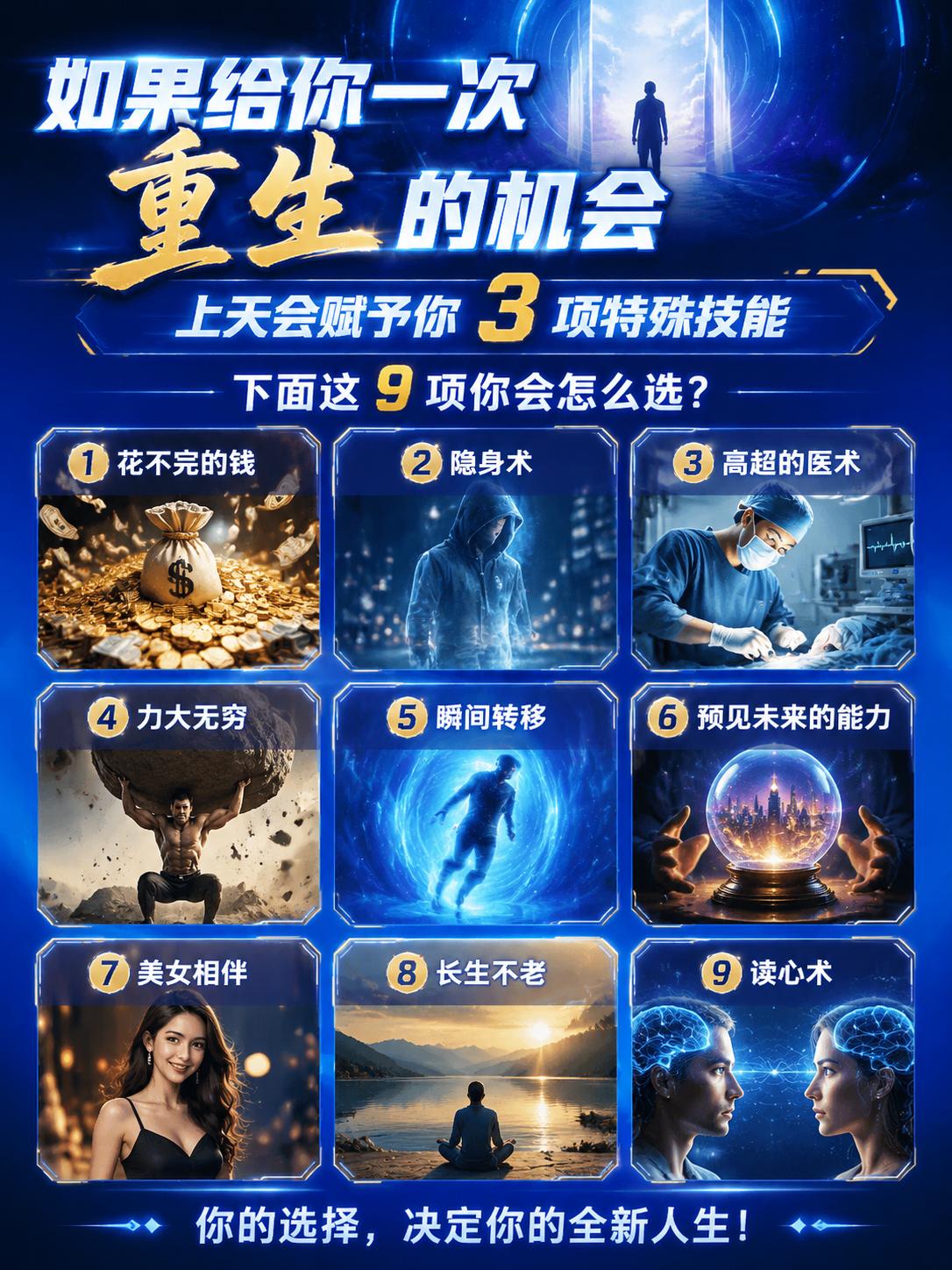 如果给你一次重生的机会，上天会赋予你3项特殊技能，下面这9项你会怎么选？
1.花