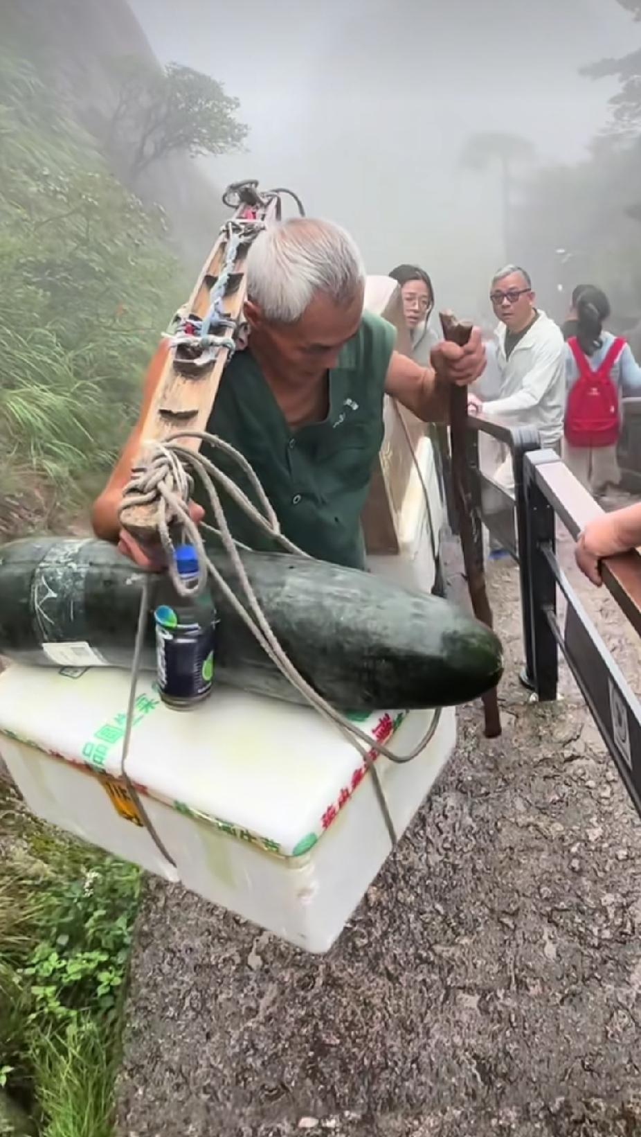 景区的石级山道上，一位白发挑山工，负重经过一名白发游客身边，白发游客的一个眼神，