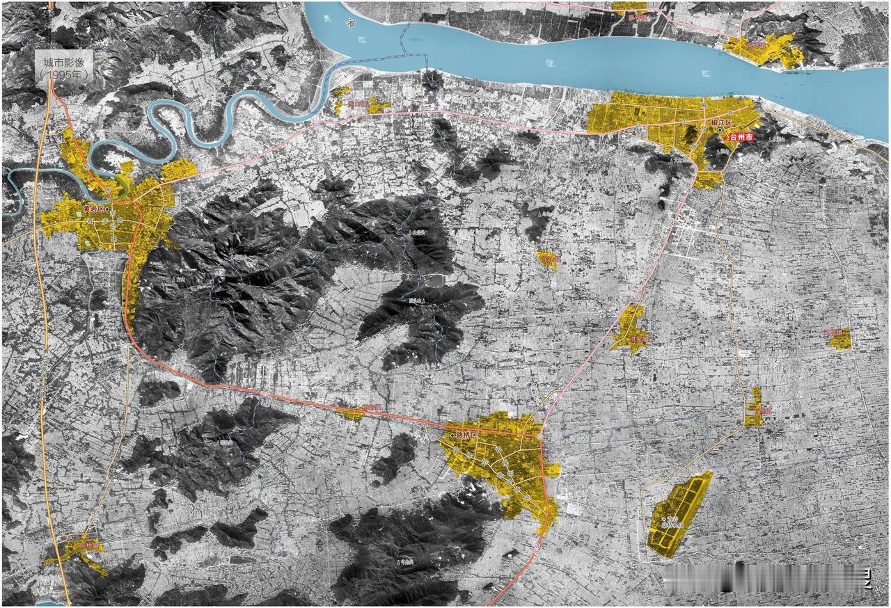 1995年台州市三区城市影像地图。当时的台州市刚刚成立才一年，从图上看三区还隔的