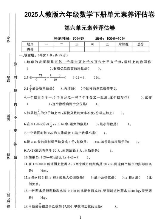 人教版六年级数学下册第六单元素养评估卷 1