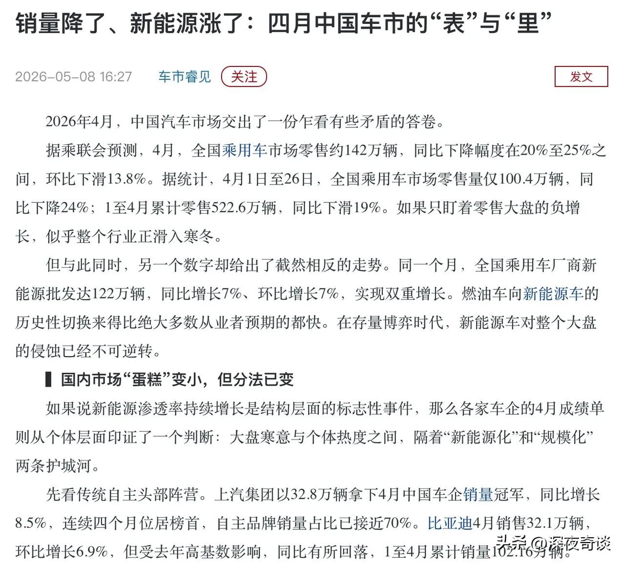 全国汽车1-4月总销量同比下滑19%，新能源车却逆势增长7%。

汽车行业依旧在