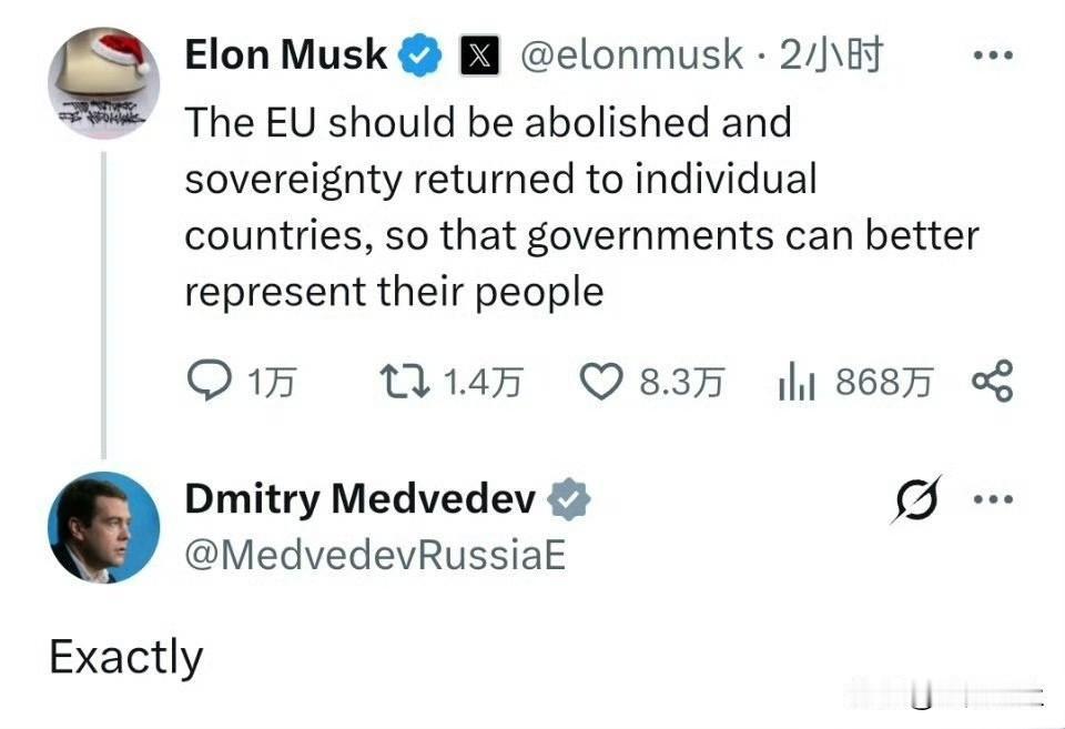 马斯克发帖称欧盟应该解散，俄罗斯安全委员会主席梅德韦杰夫很快做出响应:“完全正确