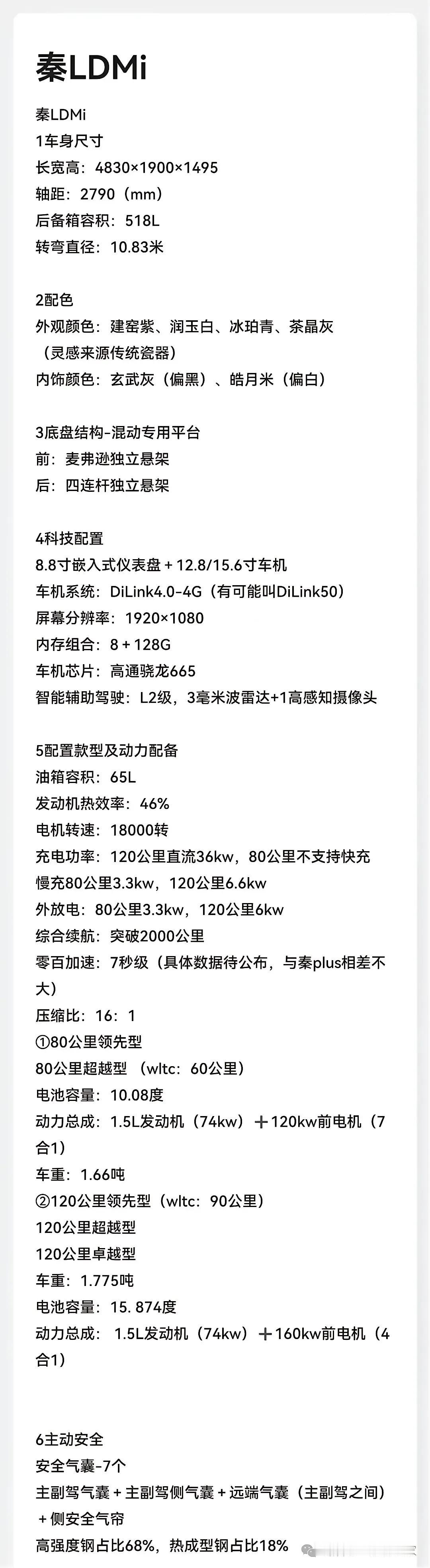 来，都来看看吧！
秦L DM-i 的配置信息都出来了，有几个点确实很厉害。
首先