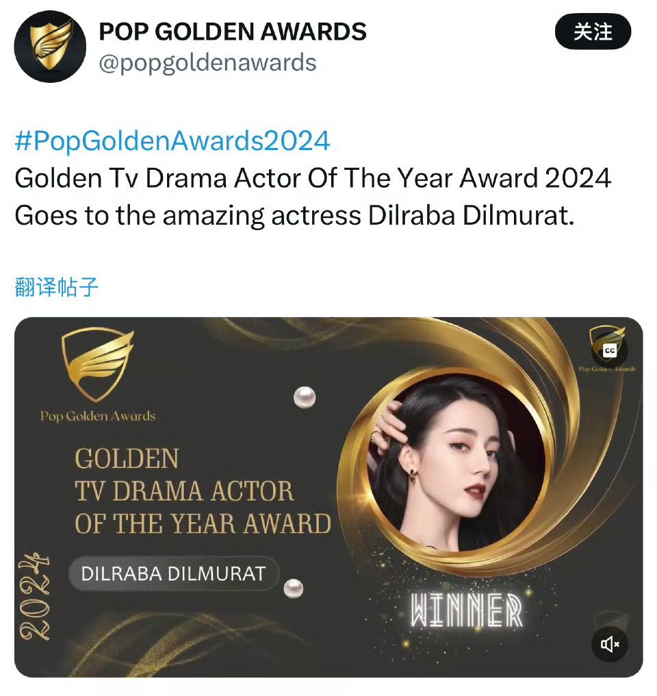 恭喜热巴宝贝获得Pop Golden Awards「年度最佳影视剧演员」奖项！连