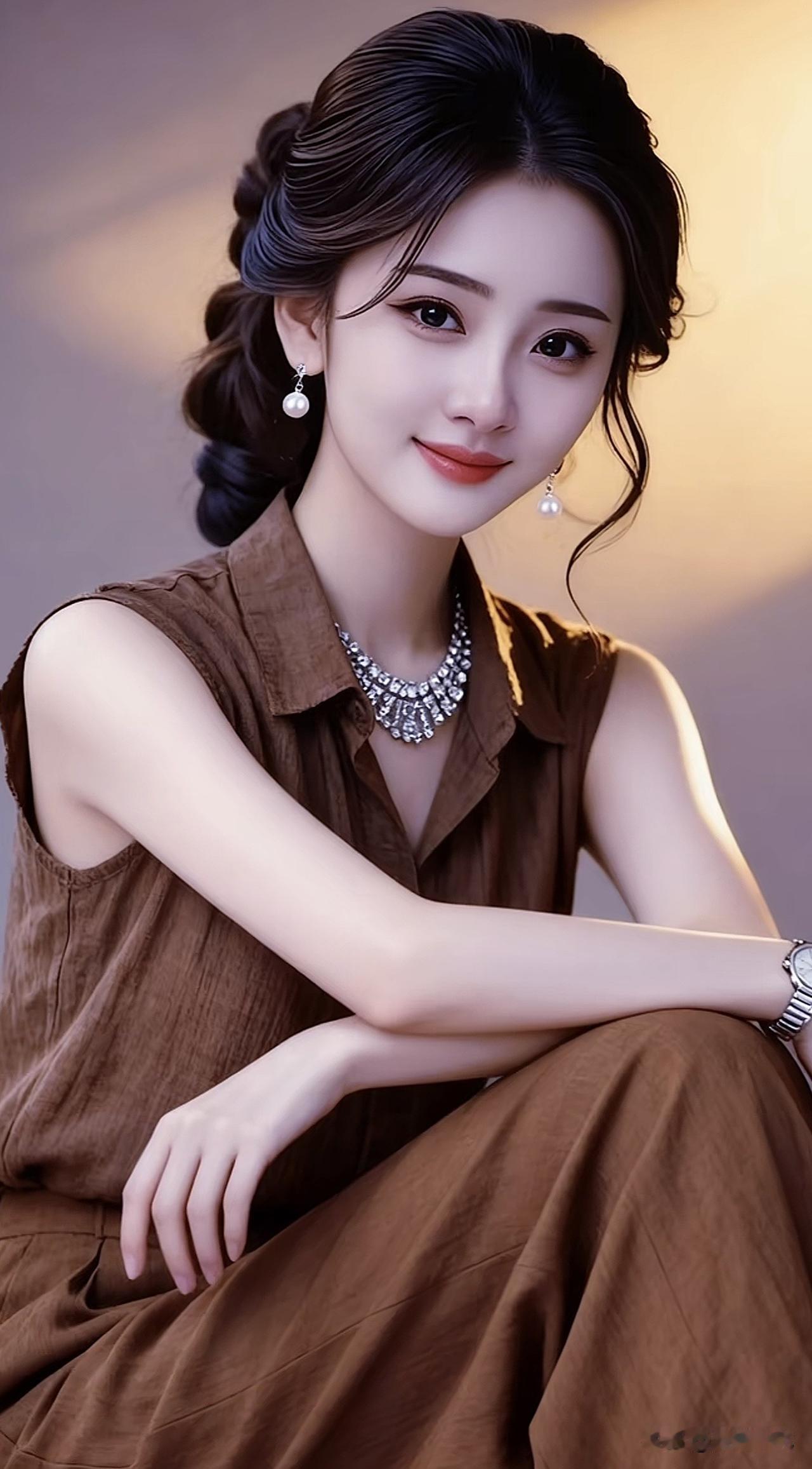 优雅气质，珍珠项链点缀，温柔微笑，散发迷人魅力。珍珠项链照 黑裙珍珠项链 温柔珍