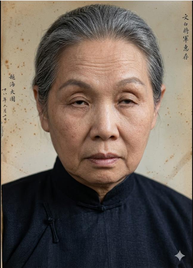 这张民国时期半身肖像老照片，这个中年女性是“双枪老太婆”赵洪文国，身着深色高领传