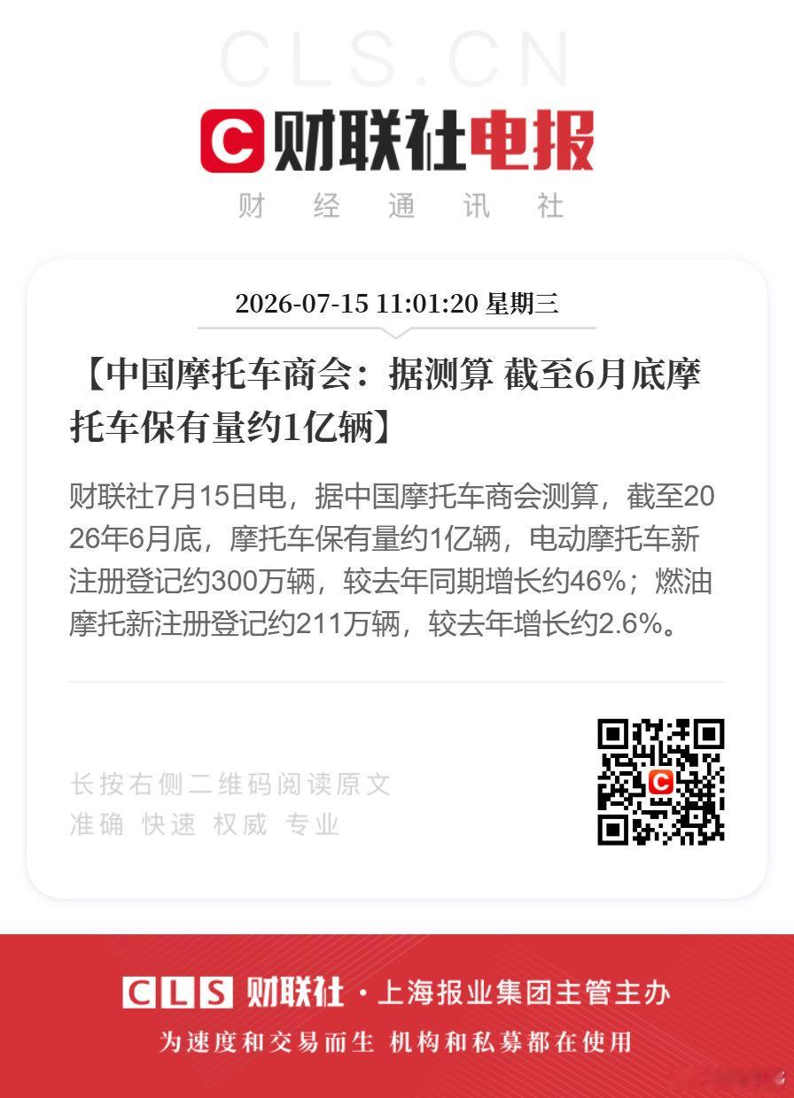 【摩托车保有量约1亿辆】电动摩托车新注册量约300万7月15日，据中国摩托车商会