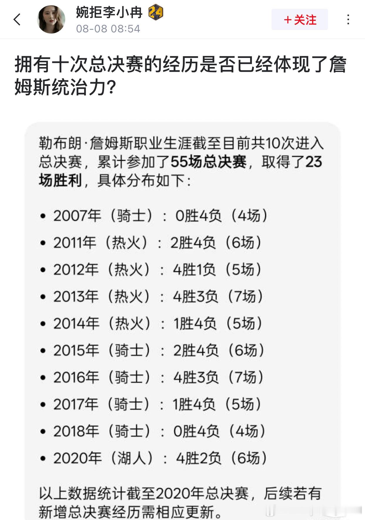 网友提问：拥有十次总决赛的经历是否已经体现了詹姆斯统治力？NBA ​​​