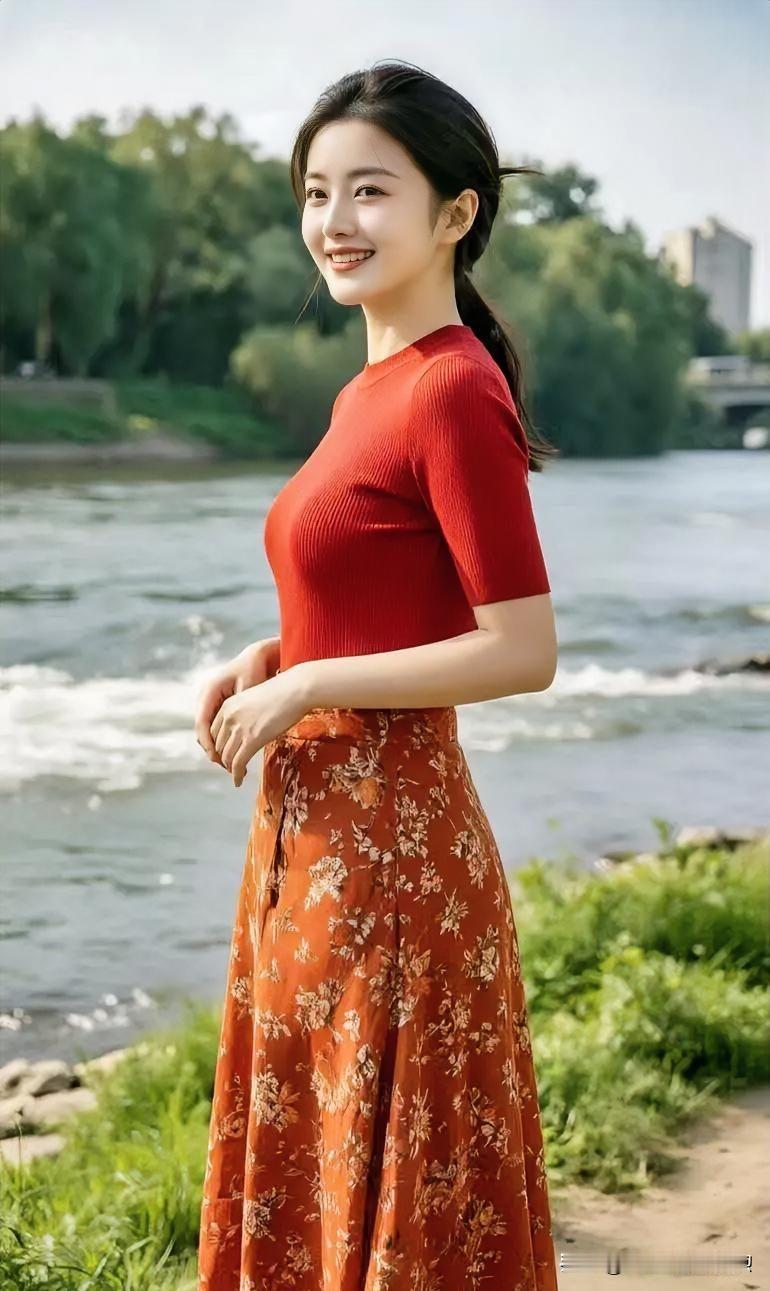 红衣映水，碎花裙曳岸风。她笑倚河畔，如骄阳吻过绿柳，温柔了波光，明媚了时光，是夏