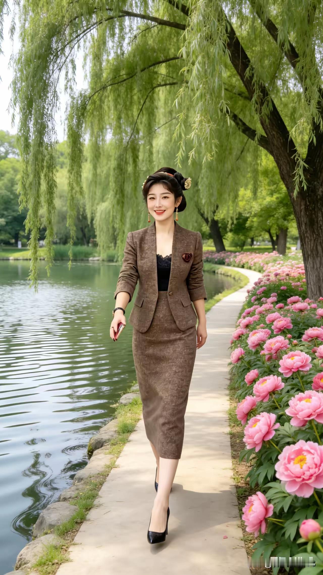 天净沙·湖畔漫步
佳人缓步湖湾，
长堤柳色如烟，
风软花香扑面。
春光满眼，
尘