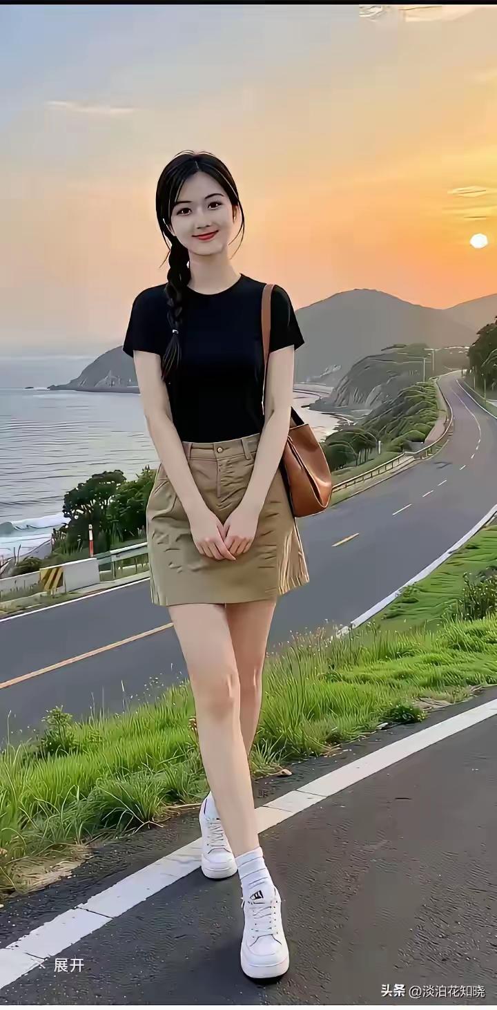 海边漫步，青春洋溢，落日余晖下的少女时光