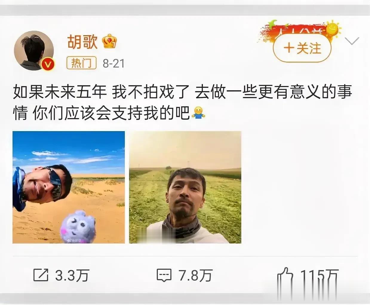 胡歌前几天在自己的社交账号上说：“如果未来五年，我不拍戏了，去做一些更有意义的事