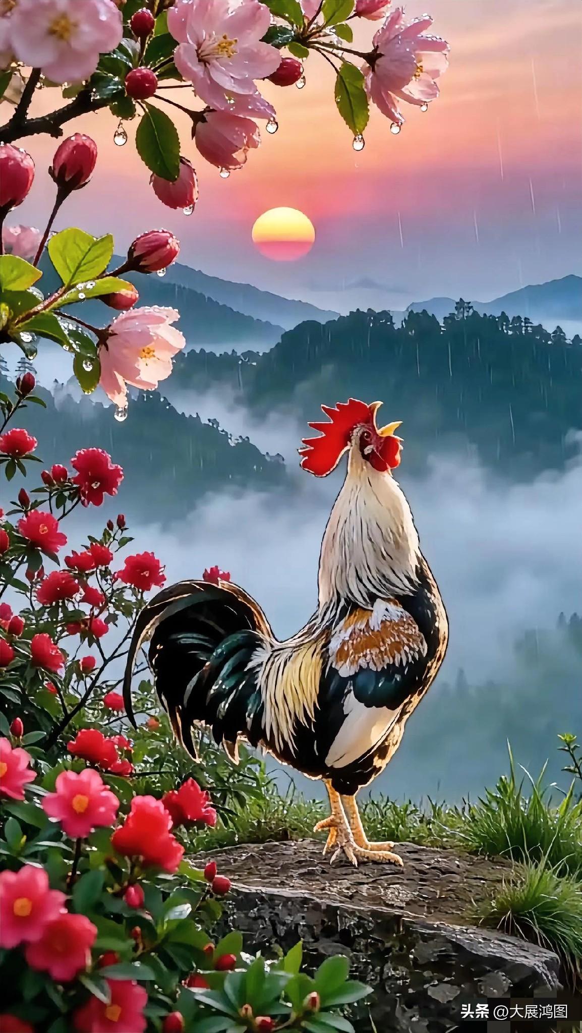 雨中鸡儿伫立，花间鸟儿啼鸣，山间云雾涌起，景致美不胜收！🌧️🐔🌸🌄金鸡一