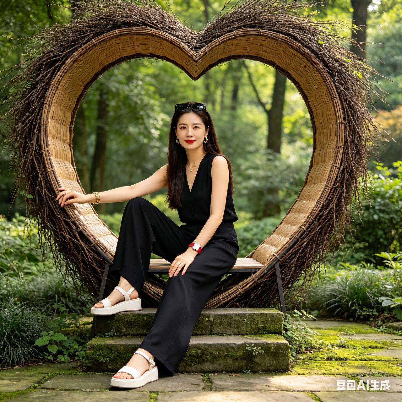 女子端坐心形藤编座椅，棕长直发配头顶墨镜，红唇气场从容。黑衣阔腿裤搭配白凉鞋，首