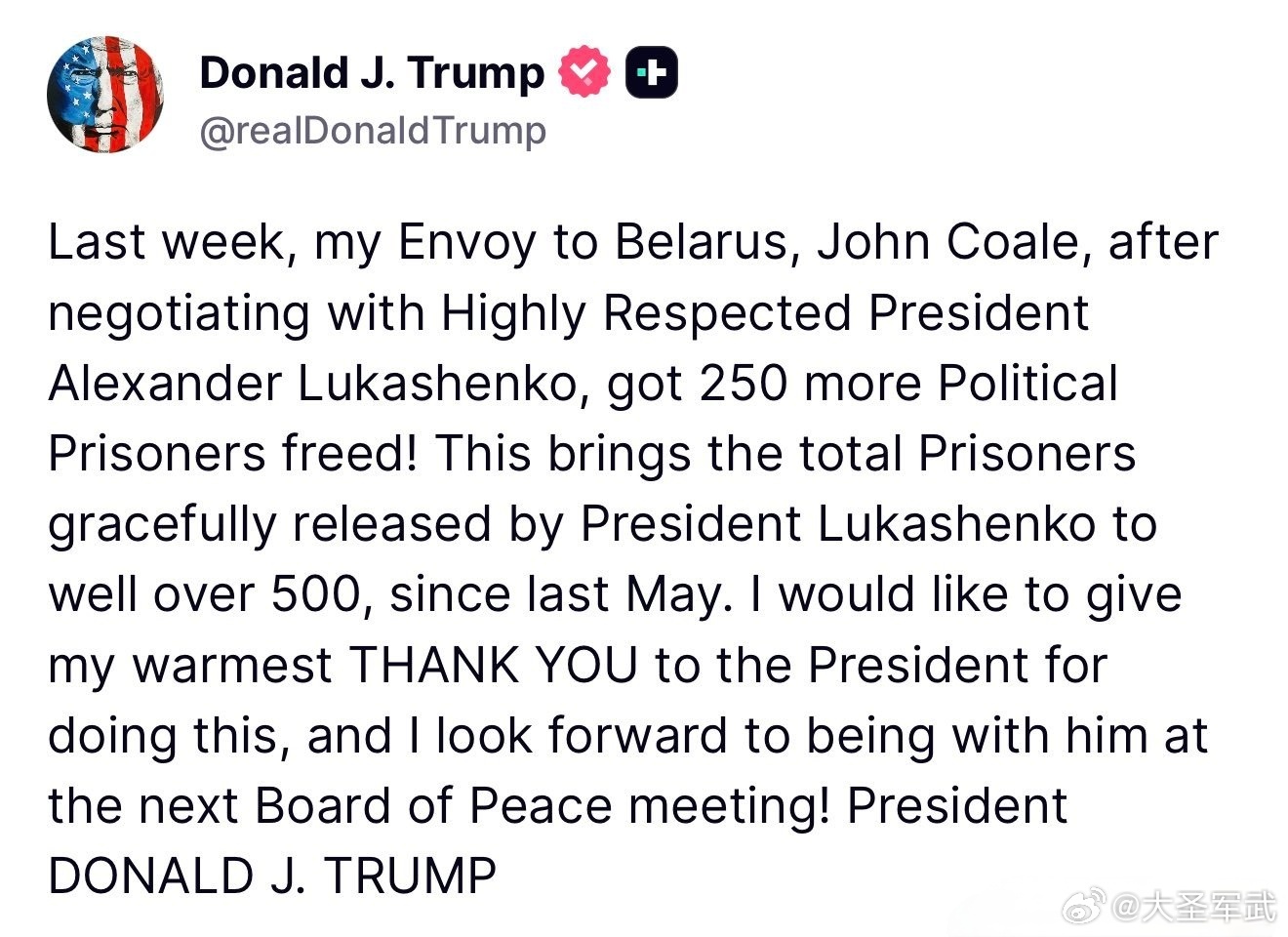 特朗普感谢独栽者卢卡申科释放政治犯：“上周，我派往白俄罗斯的特使约翰·科尔与备受