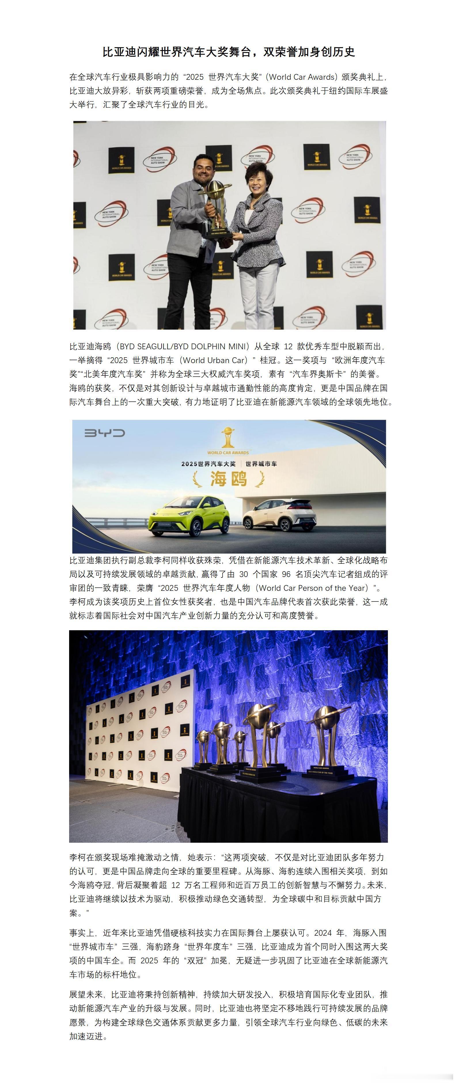 在 2025 世界汽车大奖颁奖典礼上，比亚迪收获两项重磅荣誉。比亚迪海鸥凭借创新