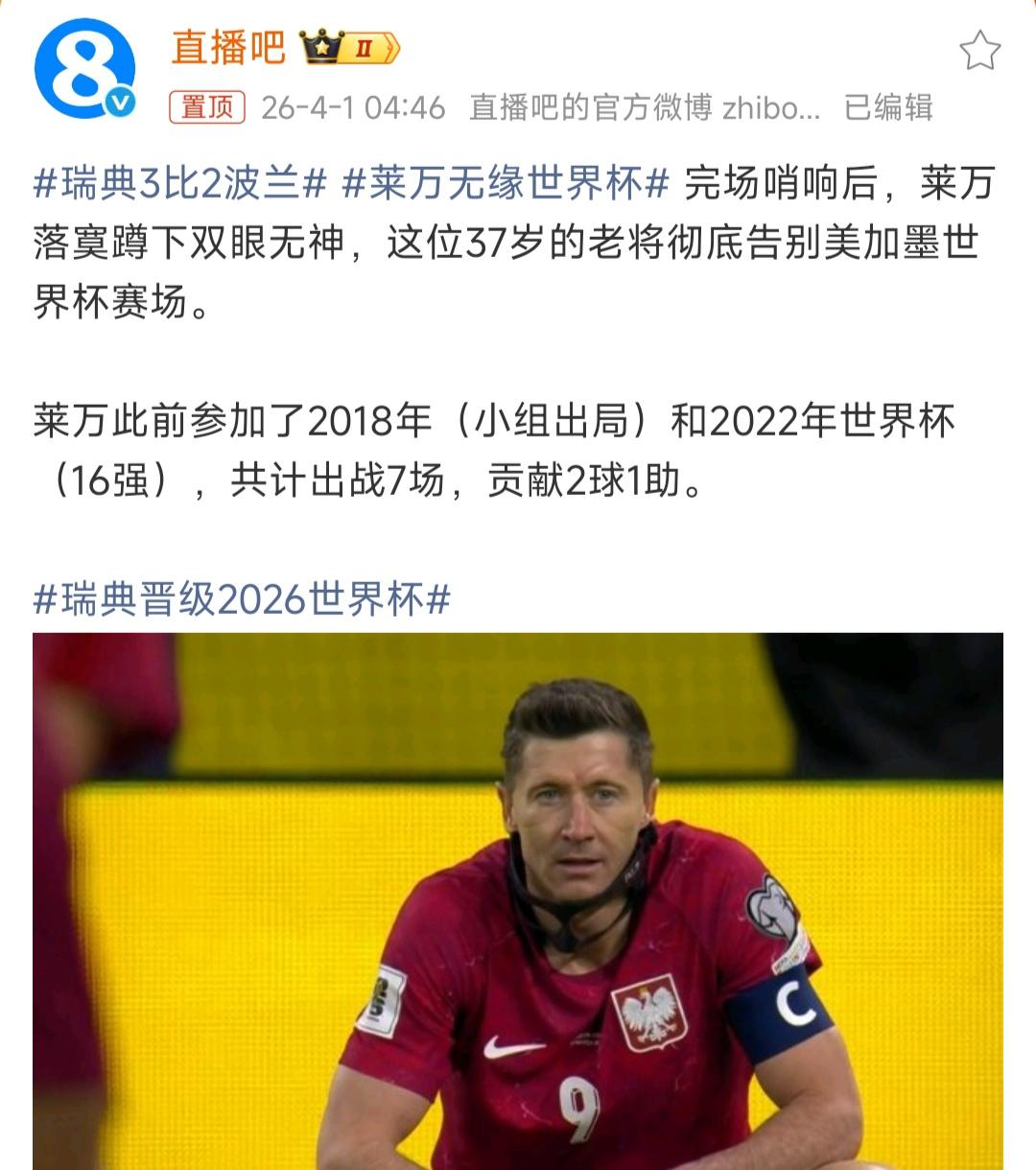 属于莱万的时代，真的结束了。

今天他告别世界杯，再也没机会了。

今夏他也会离