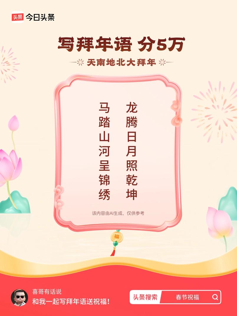 写拜年语送祝福新春拜年送祝福！我的祝福是：“马踏山河呈锦绣，龙腾日月照乾坤”！快