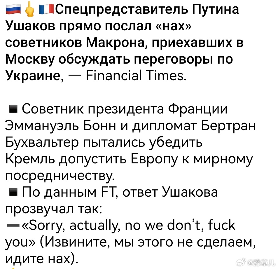 据《金融时报》报道，俄罗斯总统助理乌沙科夫在法国代表团访问莫斯科期间直接对他们说