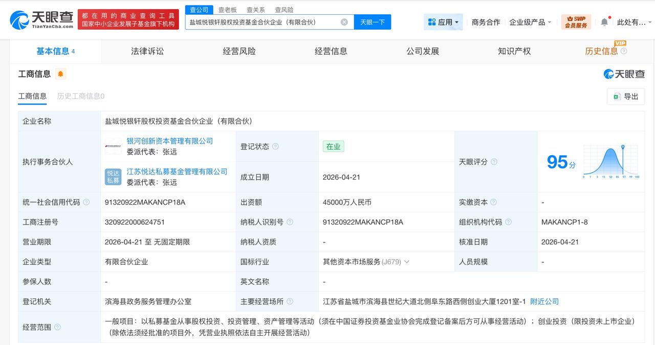 银河资本等在盐城成立股权投资基金 出资额4.5亿

天眼查App显示，近日，盐城