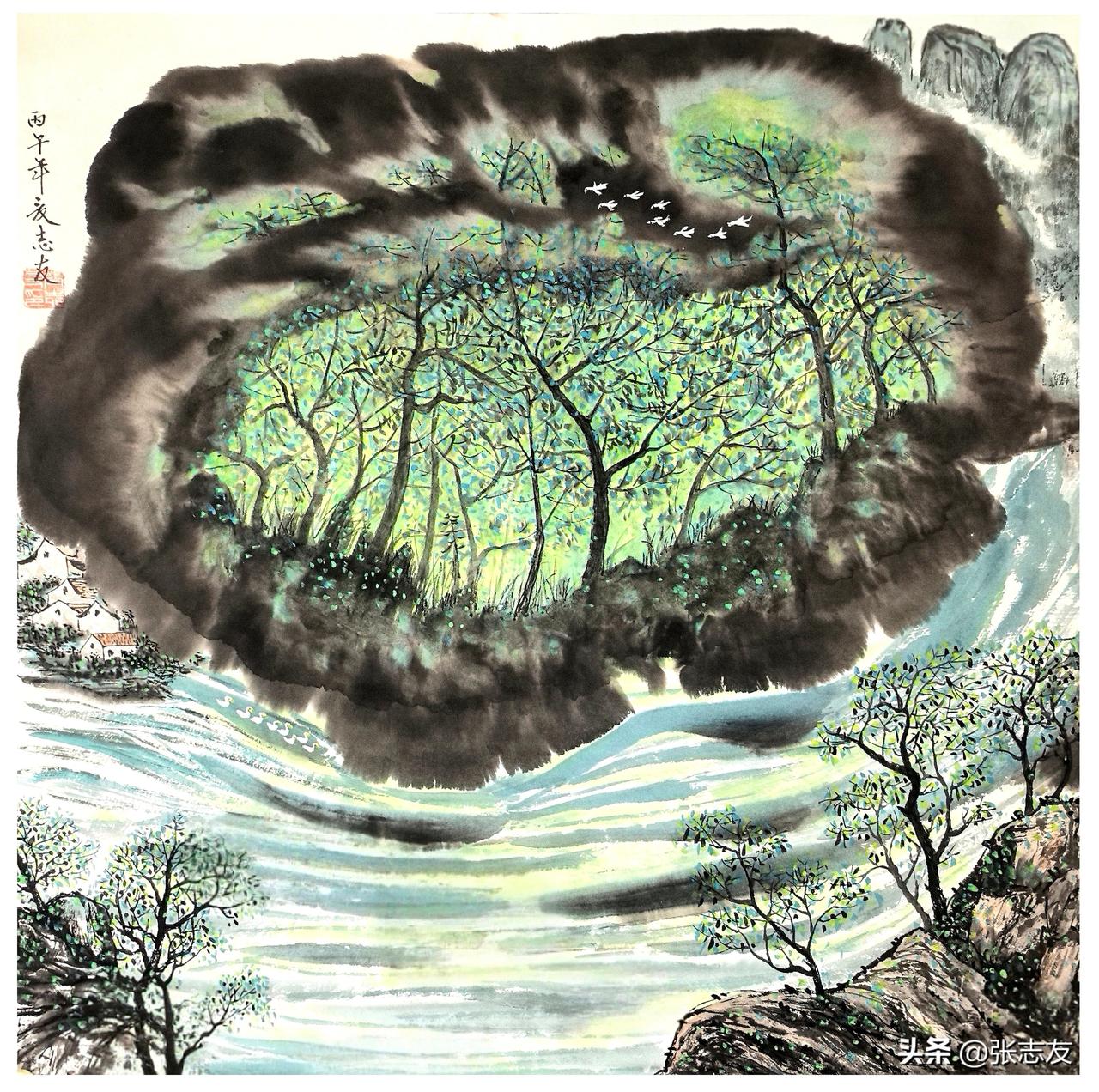 我来画，你赋诗，请发挥你的才华。（69*69cm）
山水画赋诗分享 水墨风格山水