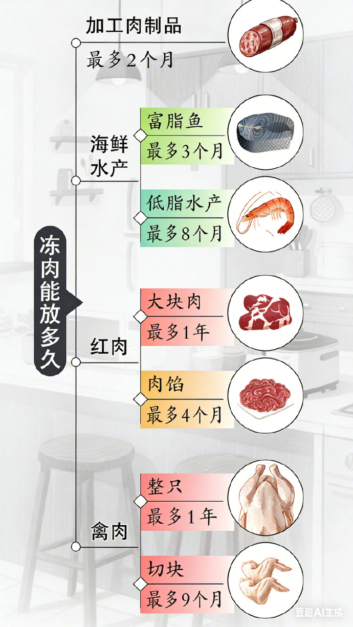 【#冷冻肉超过这个时间就别吃了# 】#一张图看懂冻肉能放多久# 很多人家的冰箱里