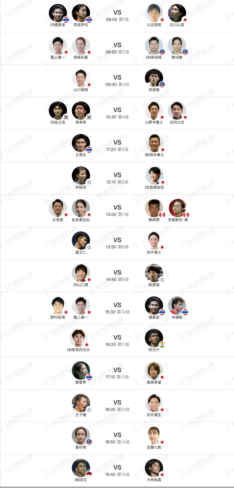 11月12日各单项32进16赛程，早上8点开赛： 