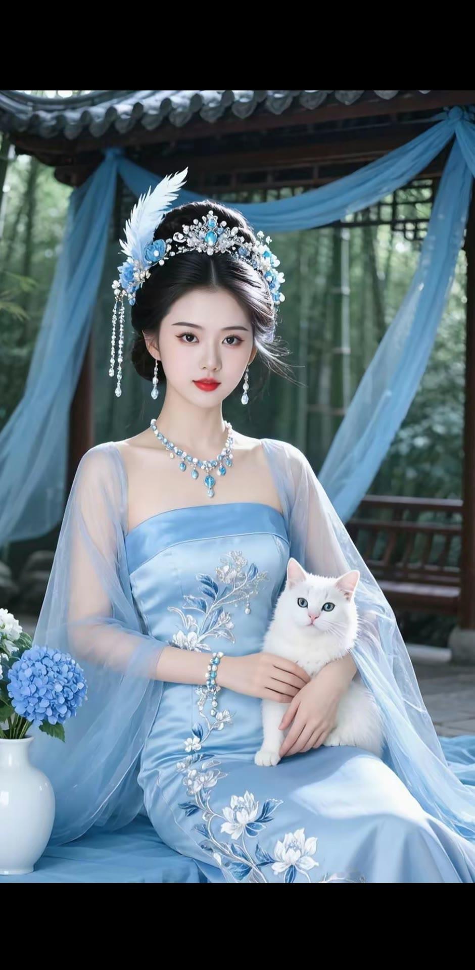 梦幻蓝裙仙女与白猫共舞，古典与现代的完美融合。