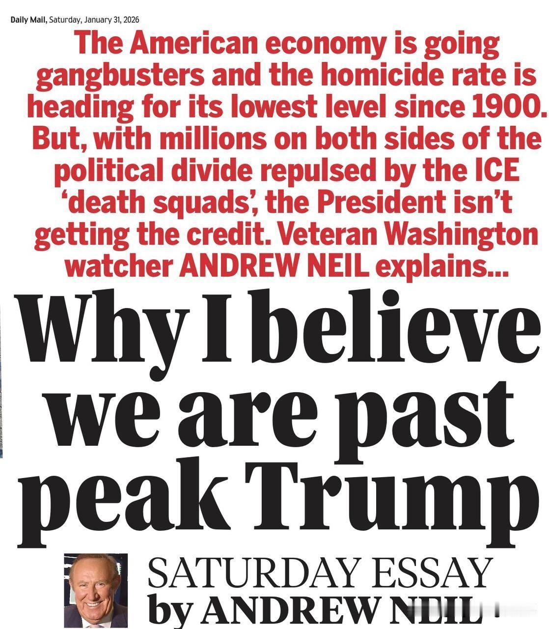 英国资深记者安德鲁·尼尔认为“特朗普的权力已经达到顶峰”。他在《每日邮报》上撰文