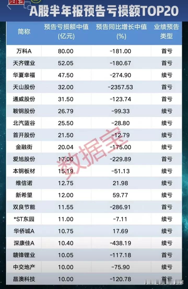 业绩暴雷，最新更新中报预告亏损最多的20家公司名单出炉！这家公司目前的“”亏损之