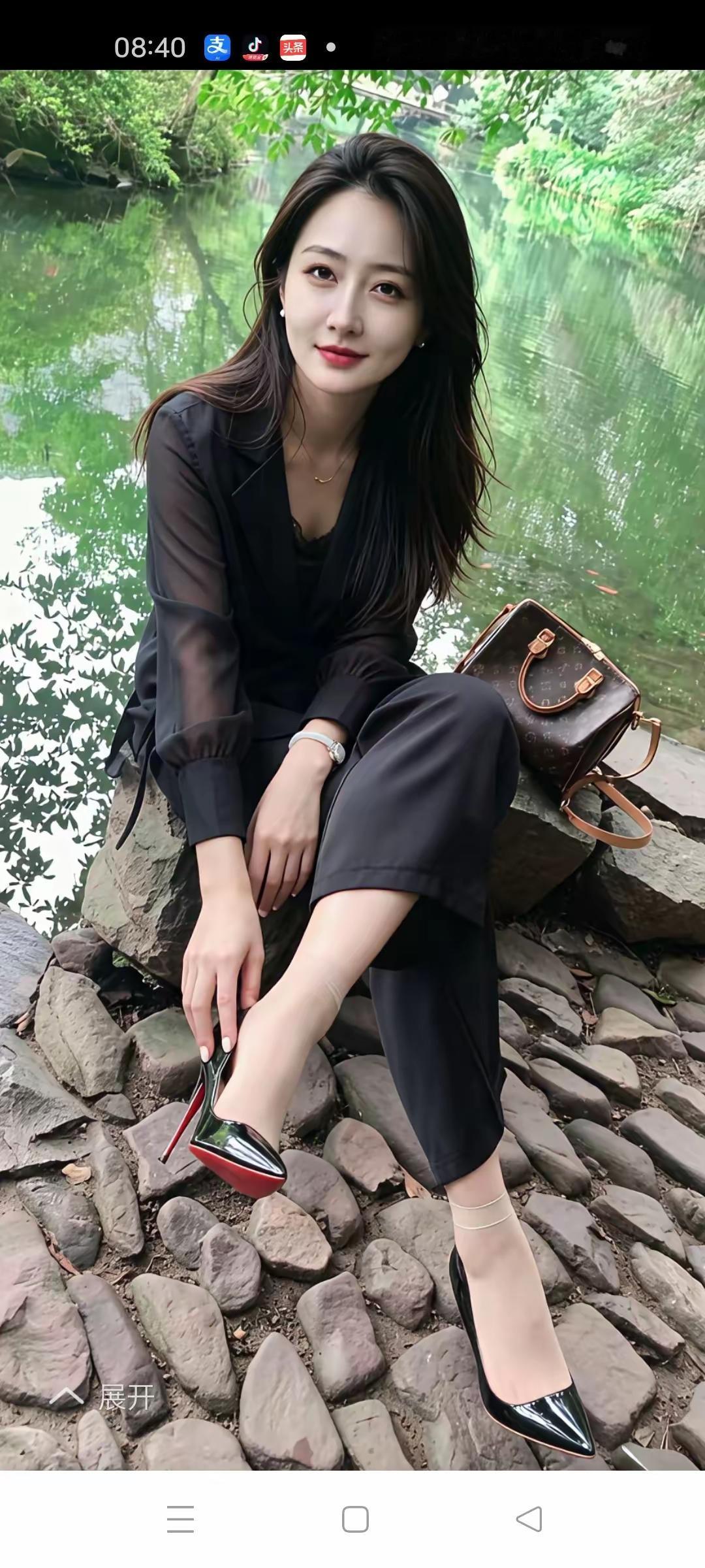 这位女士在湖边摆姿势拍照。