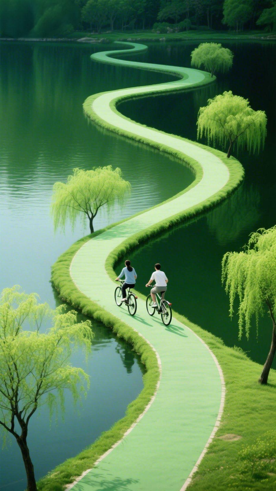 绿径蜿蜒入湖光
 
谁能拒绝这样一场绿意的奔赴？一条翡翠般的绿道，如灵动的丝带，