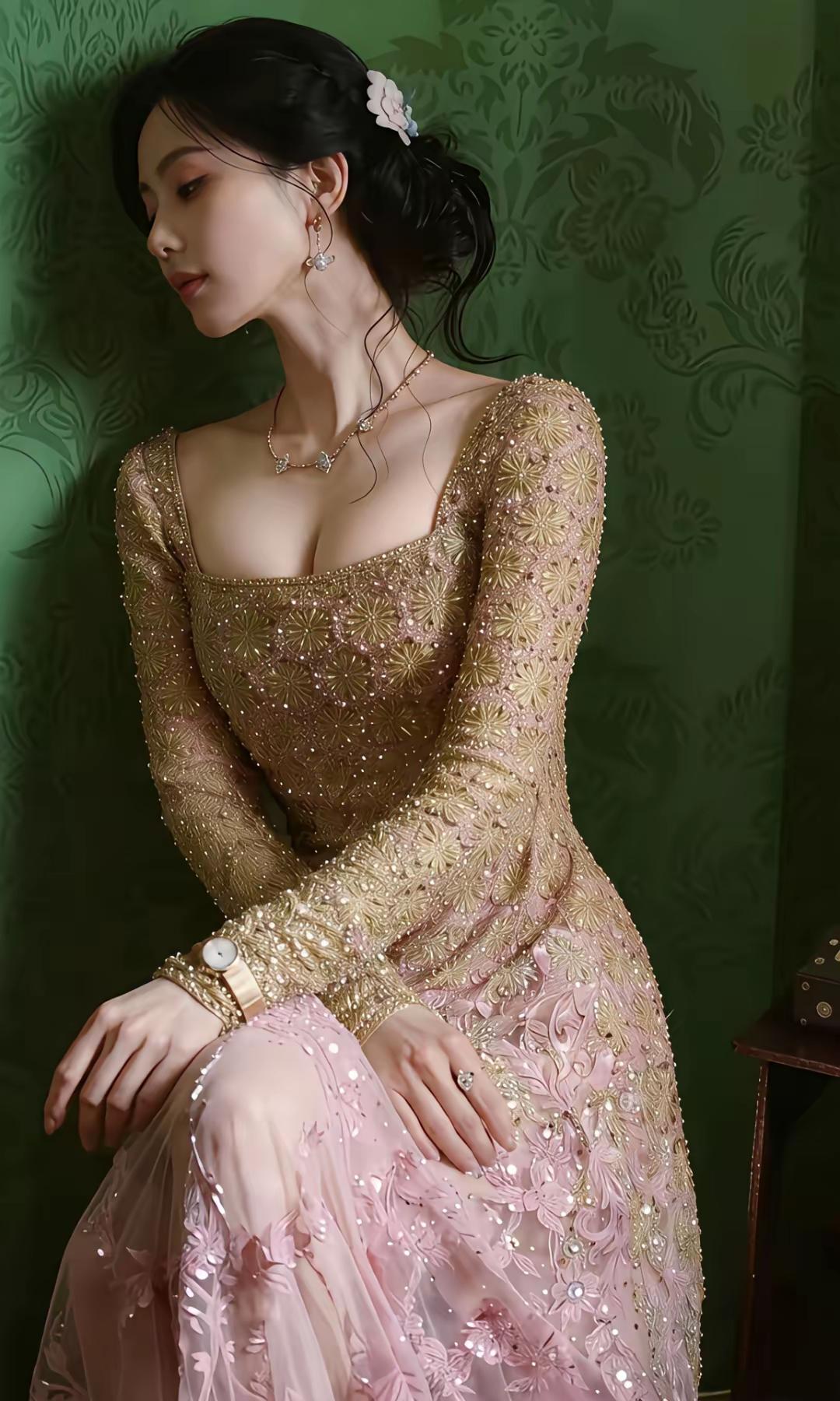优雅复古风，精致刺绣长裙，复古绿背景，尽显高贵气质。
