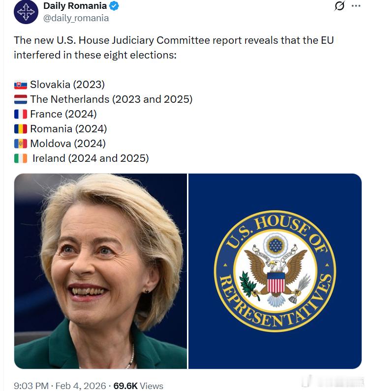美国众议院司法委员会最新报告显示，欧盟干预了以下八次选举：斯洛伐克（2023）荷