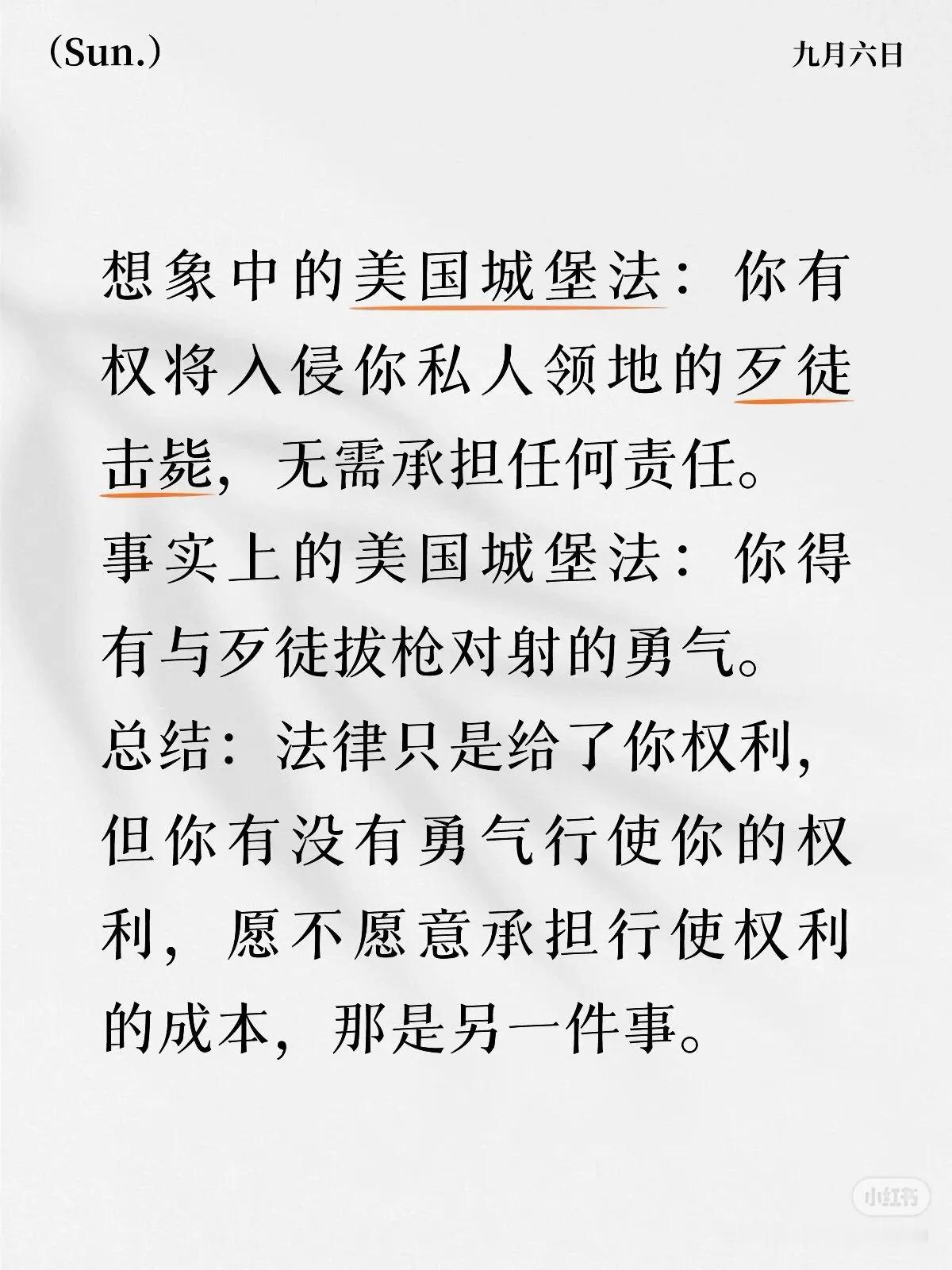 想象中的美国城堡法：你有权将入侵你私人领地的歹徒击毙，无需承担任何责任。
事实上