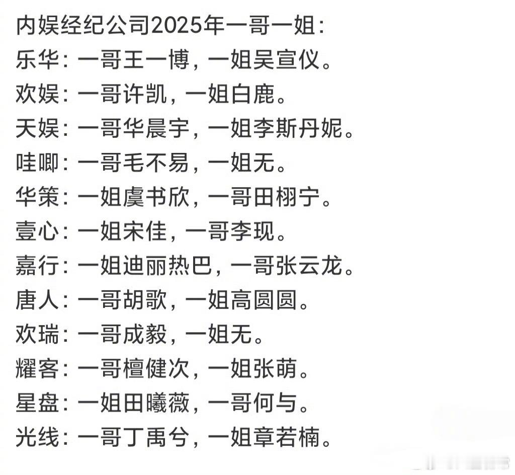 2025年内娱各个经纪公司的一哥一姐都是谁内娱经纪公司一哥一姐 ​​​
