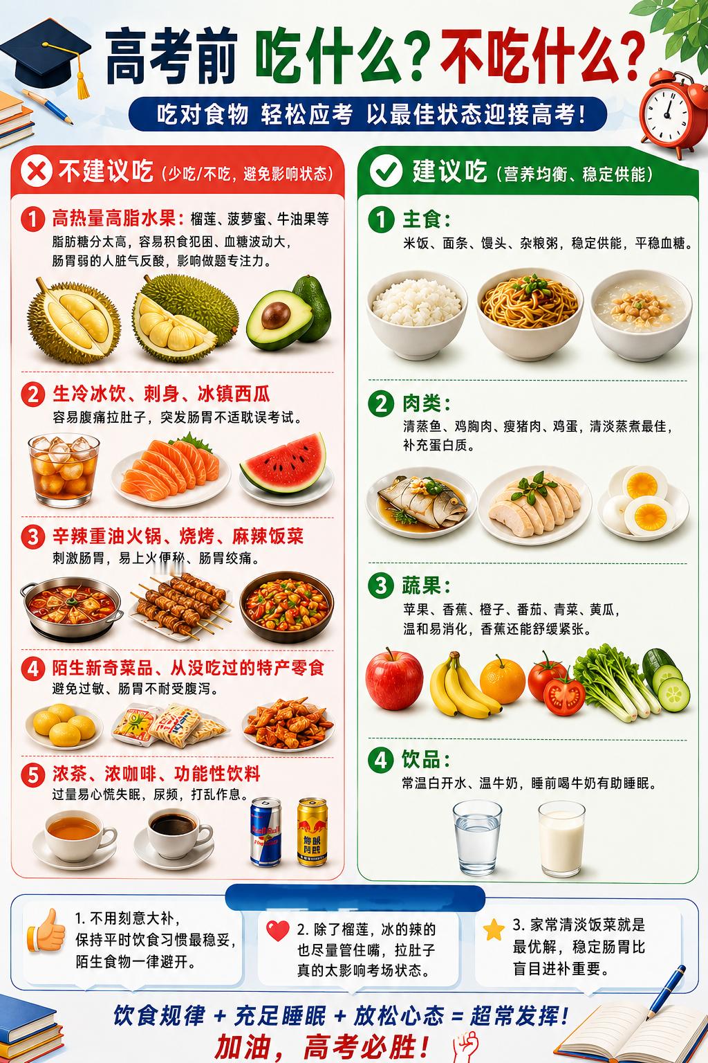 高考前千万不要吃榴莲临近高考，饮食不用盲目进补，稳住日常口味才是关键。尽量忌口清