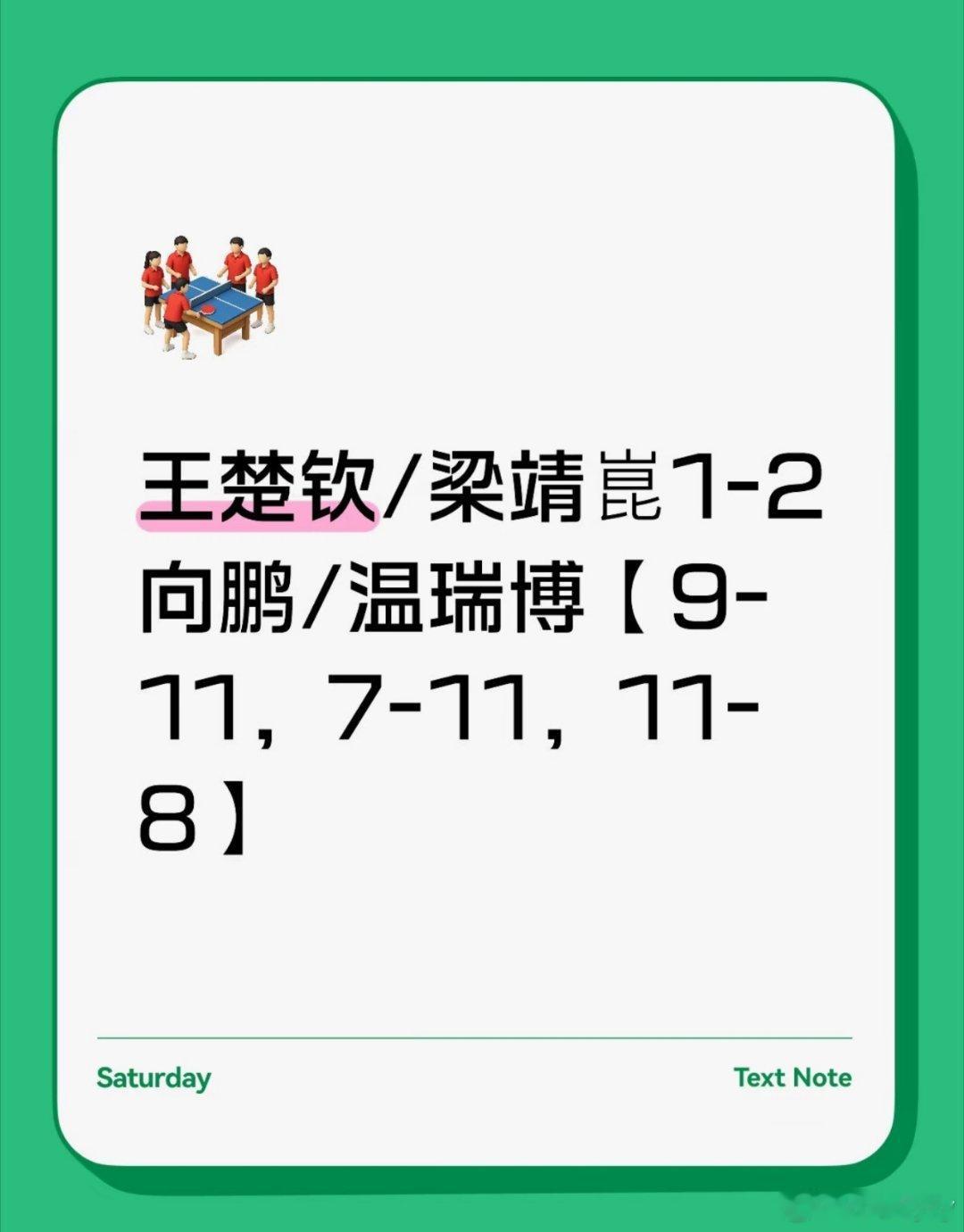 乒超联赛男子团体赛果王楚钦梁靖崑双打1比2T3   18:00山东魏桥·向上运动