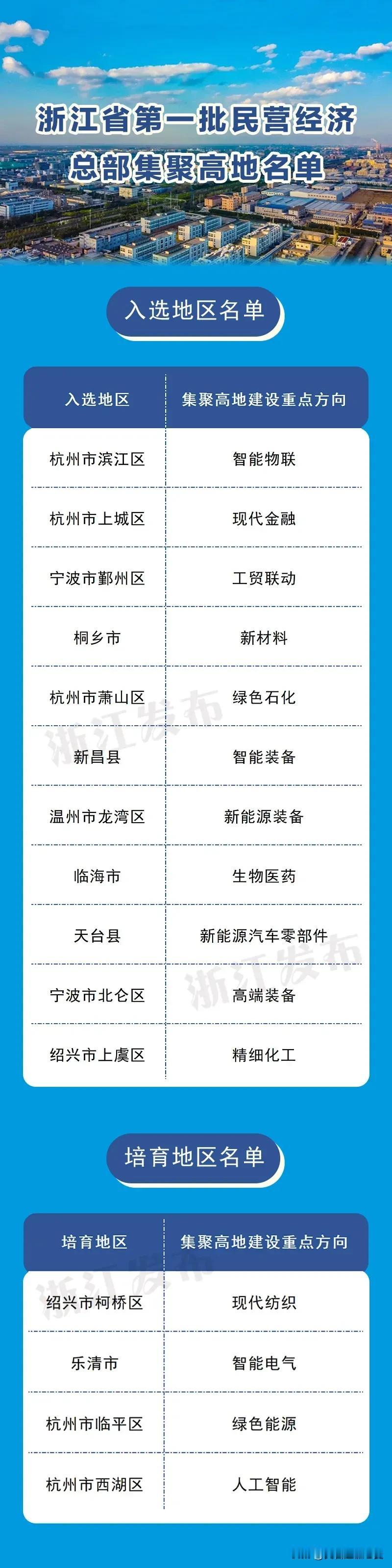 浙江省第一批民营经济总部集聚高地名单，一共有11个地方的民营经济总部入选，其中台